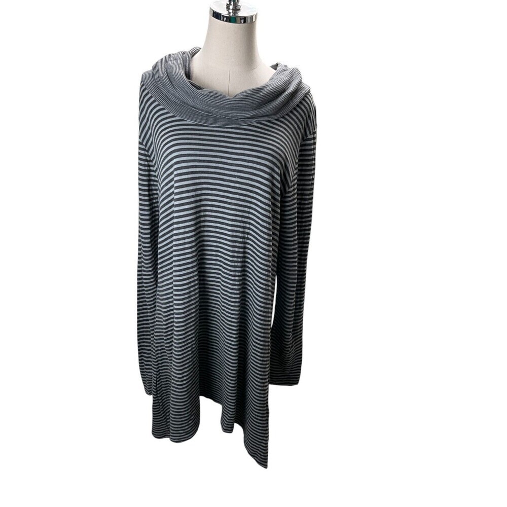 Russ Berens Dress Women's Size Large Black White Stripes Cowl Neck Long Sleeve